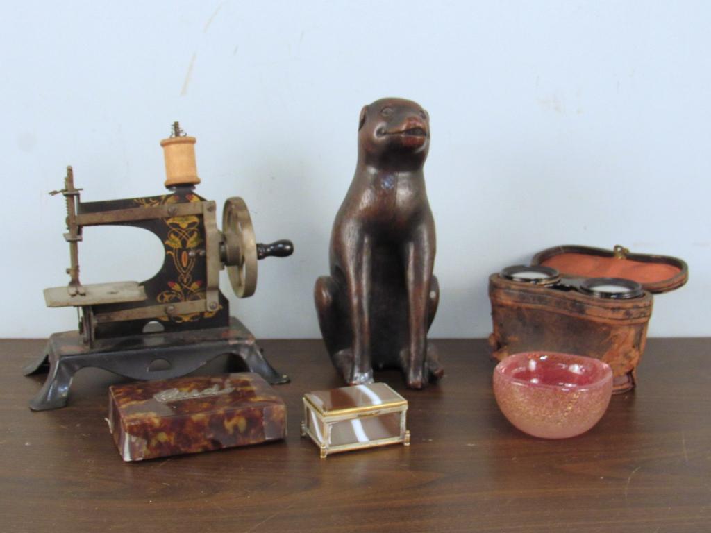 Assorted Vintage Table Top Articles ***: Salesmans sewing machine, *** The Dog is NOT Carved wood ***, agate box, etc.
