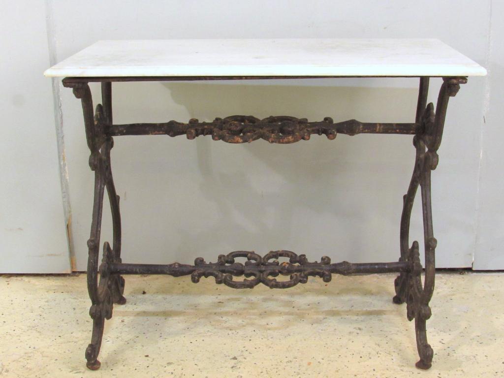 French Cast Iron Base Bistro Table / Console: Beveled marble top (not original) on a Vintage cast iron base with gorgeous curls and upside down hearts. 36" X 19" X 29.5"h