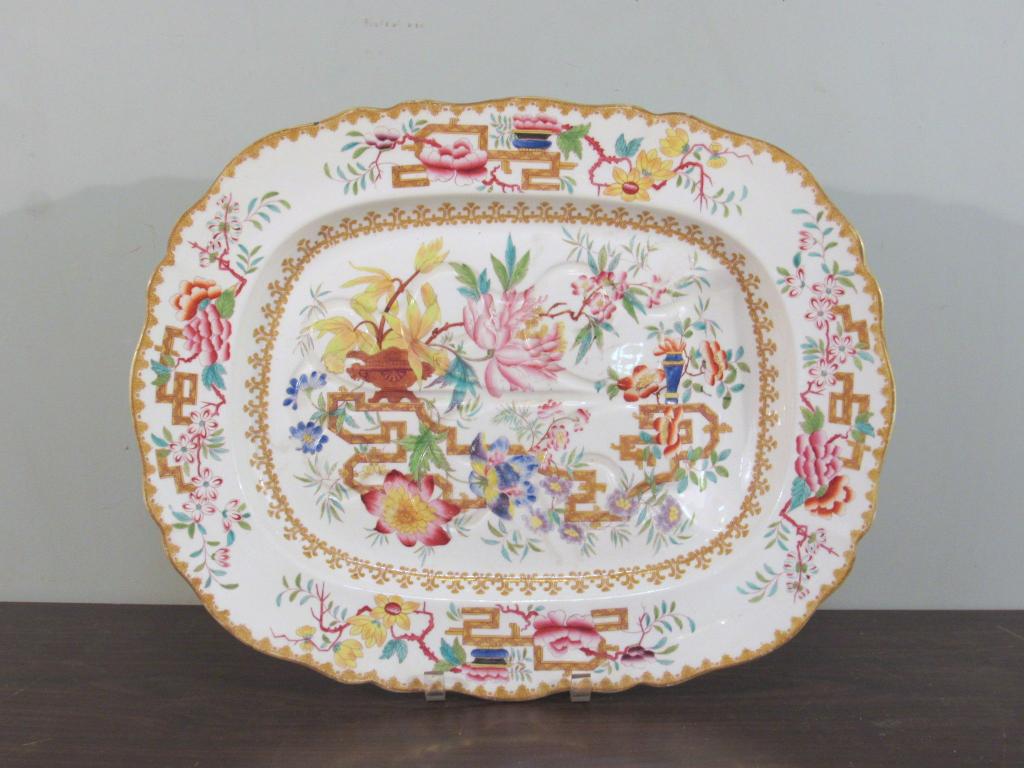Large English Ironstone Well-n-Tree Platter: Intricate and colorful, marked Chinese Fire, and hand numbered 1959 on bottom. Footed. Slight chip repairs. 21" X 16.5" X 2.5" shallow (A North Salem, NY Estate)