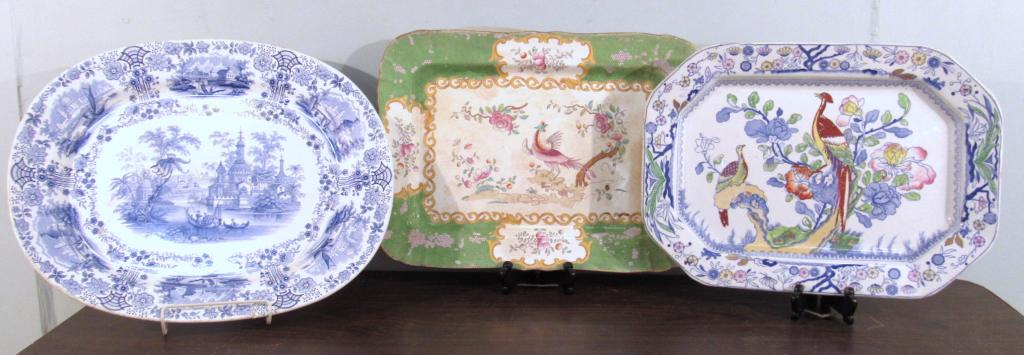 3 English Ironstone Platters (as is): Blue and white heavily repaired, Green and white repainted, Masons dripping colors. Largest 18" X 15" (A North Salem, NY Estate)
