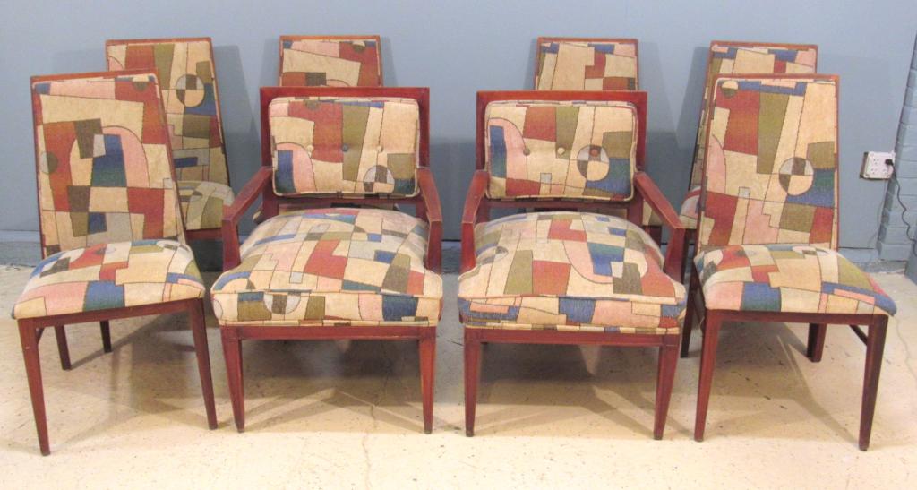 Set of 8 Assembled Mid Century Dining Chairs: 2 Arm Chairs slightly different frames from 6 Side chairs. All covered in mid century Jack Lenor Larsen style upholstery, arm chairs over upholstered and side chairs slip seats. Arms 24" X 27"D X 34"H