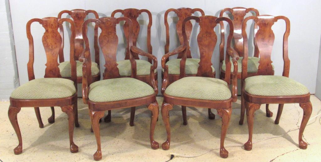 Set of 8 Queen Anne Style Dining Chairs: Burled wood fiddle backs with swirl ears, swirl legs above pad feet. Some veneer losses. Slip seats. (A North Salem, NY Estate)