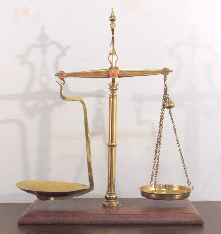 Vintage English Brass Balance Scale: Chained tray and stationary tray. Signed Bartlett / Bristol. Working. On wood base. Disassembles. 20" X 10" X 25" (A North Salem, NY Estate)