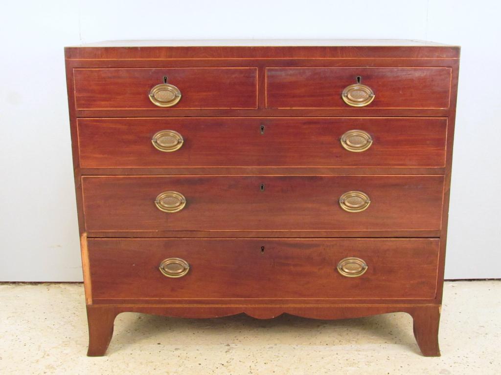 Antique American Hepplewhite Chest: Inlaid mahogany with a few losses, 2 half drawers over 3 graduated drawers in a flat front. sway bracket feet. Corn cob decorated old brass handles. 42" X 20" X 37"h (A North Salem, NY Estate)