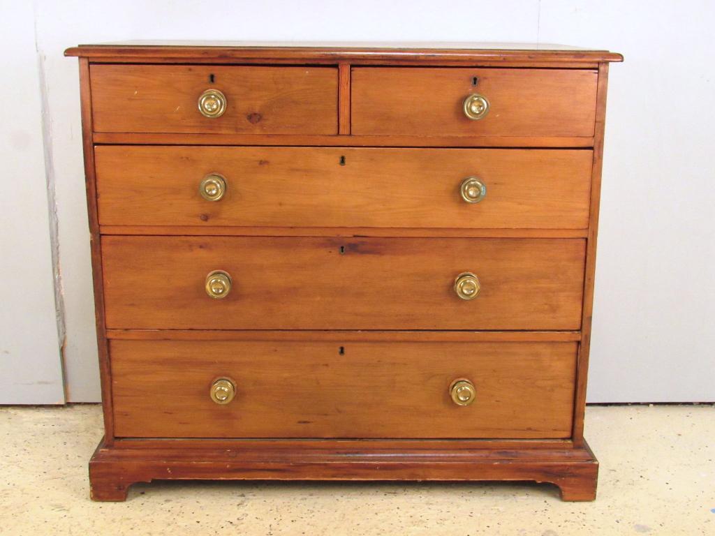 Antique American Country Chest: Pine. 2 half drawers above 3 graduating drawers with brass pulls. Base likely not original. 43" X 20" X 38"h (A North Salem, NY Estate)