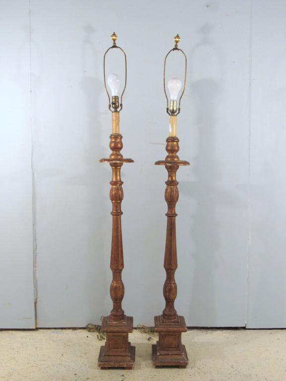 Pair Antique Floor Candlestick Lamps: Also, Altar candlestick lamps. Gilt carved wood, drilled all through. 7" sq X 44" Stick - 62" total H. (A North Salem, NY Estate)