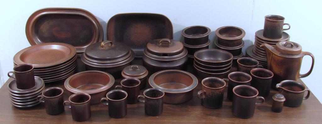 56 Piece Arabia Ruska Pattern Dinner Set: Complete for 6 - Dinner Plate, Salad Plate, rimmed bowl, mug, saucer, cup, saucer * Only 4 regular bowls, and 10 serving/other pieces. One noticeable chip. Designed by Ulla Procope. (West 70th Street,