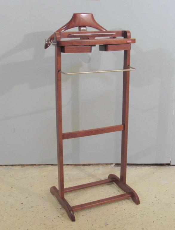 Italian Mans Valet by Fratelli Reguitti: Walnut valet stand with swing out drawers, with castors. 19" X 15" X 40" (West 70th Street, NYC Estate)