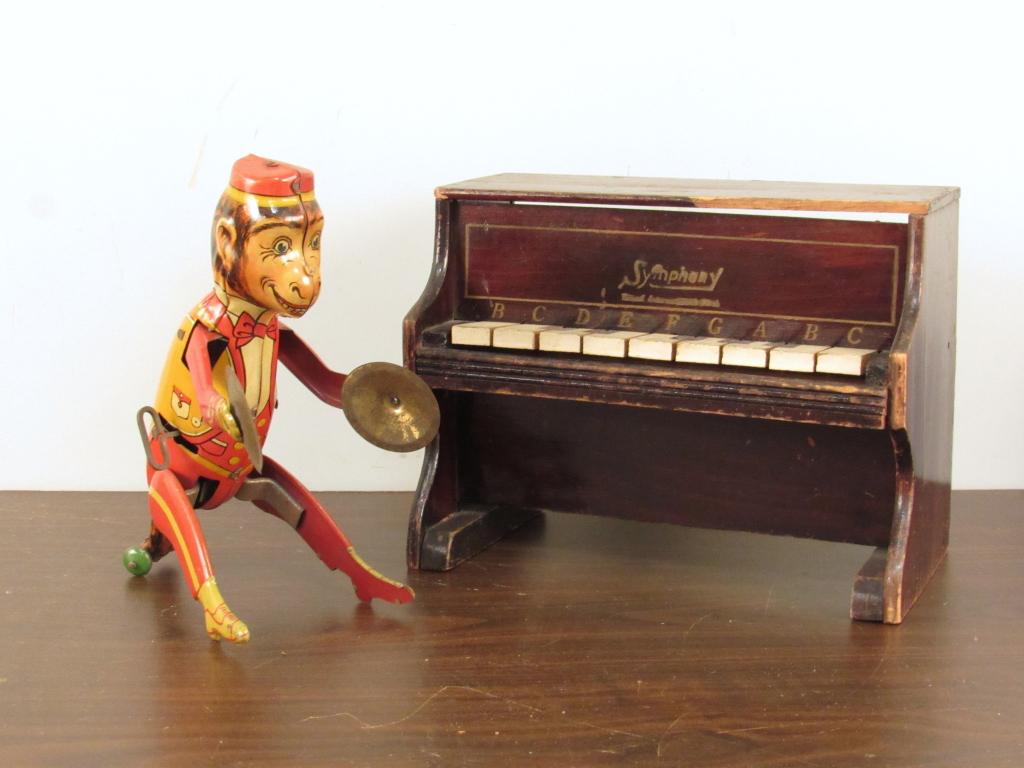 Monkey Tin Toy and Play Piano: Tintoy with no markings, windable. Piano makes bad music, "Symphony Amusement"