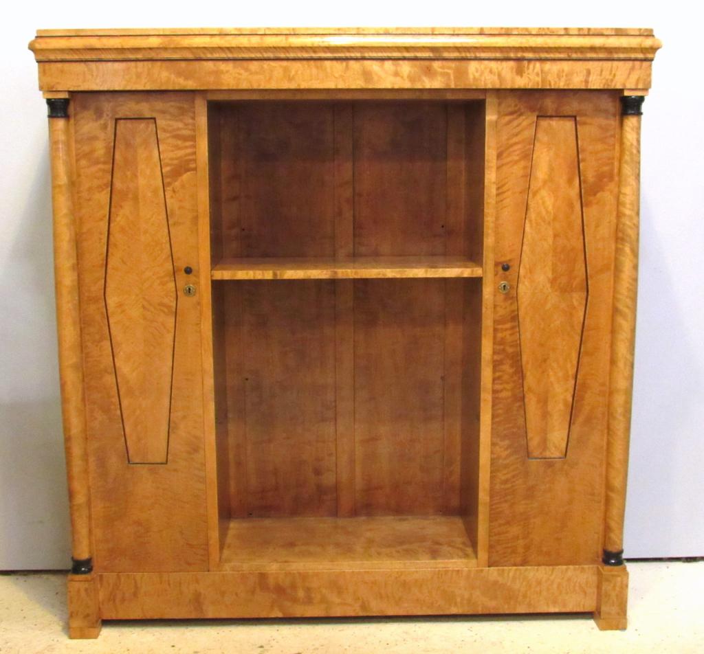 Biedermeier Style Bibliotheque / Bookcase: Burled wood with ebonized trim. Open center and 2 sides with doors, with shelves as shown. 58" X 16" X 59.5"h