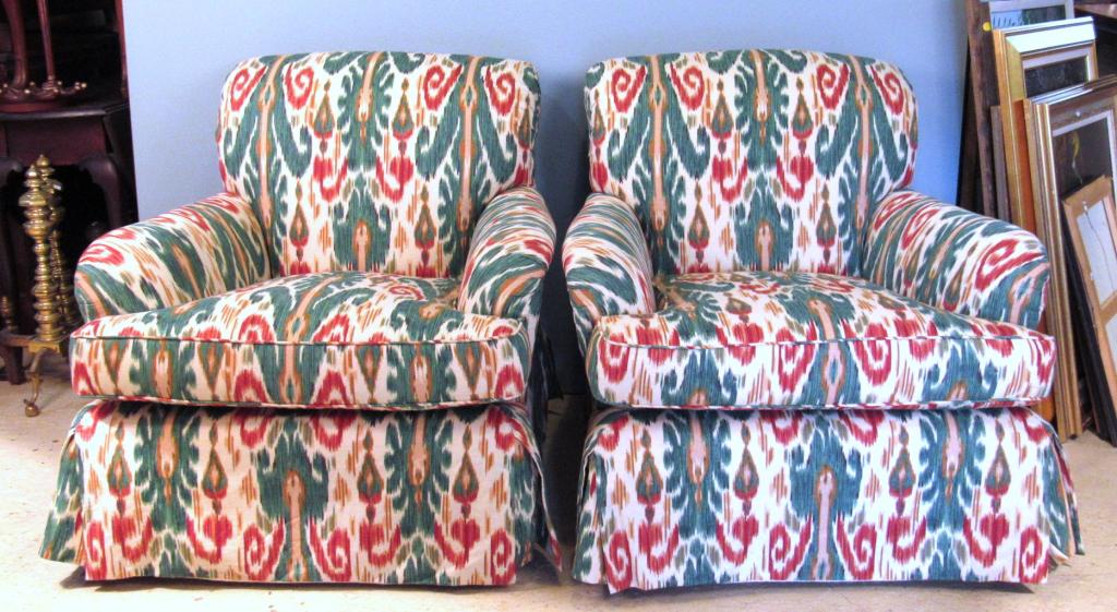 Pair Striped Upholstered Club Chairs: Roll arms and roll backs. Very good condition upholstery. (Same color, lighting in photo is off) 35" X 40"d X 35"h (From a Watertown CT Estate)