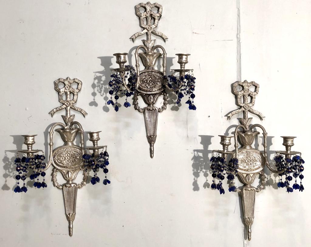 Set of 3 Caldwell Style Silvered Metal Sconces: Ribbon back and blue glass beads. 20" X 3" X 19"h (From a Watertown CT Estate)