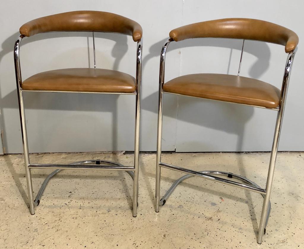Pair Chrome and Leather Modern Bar Stools: By Gordon International. 23" X 24" X 40"