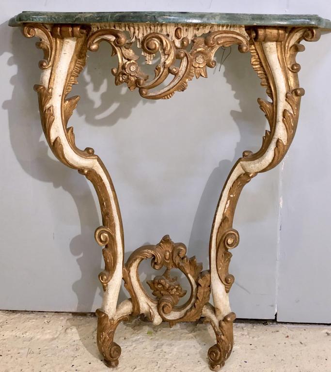 Louis XV Style Bracket Console: Faux marble top above gilt and painted scrolling base. 32" X 11" X 36"h (From a Watertown CT Estate)