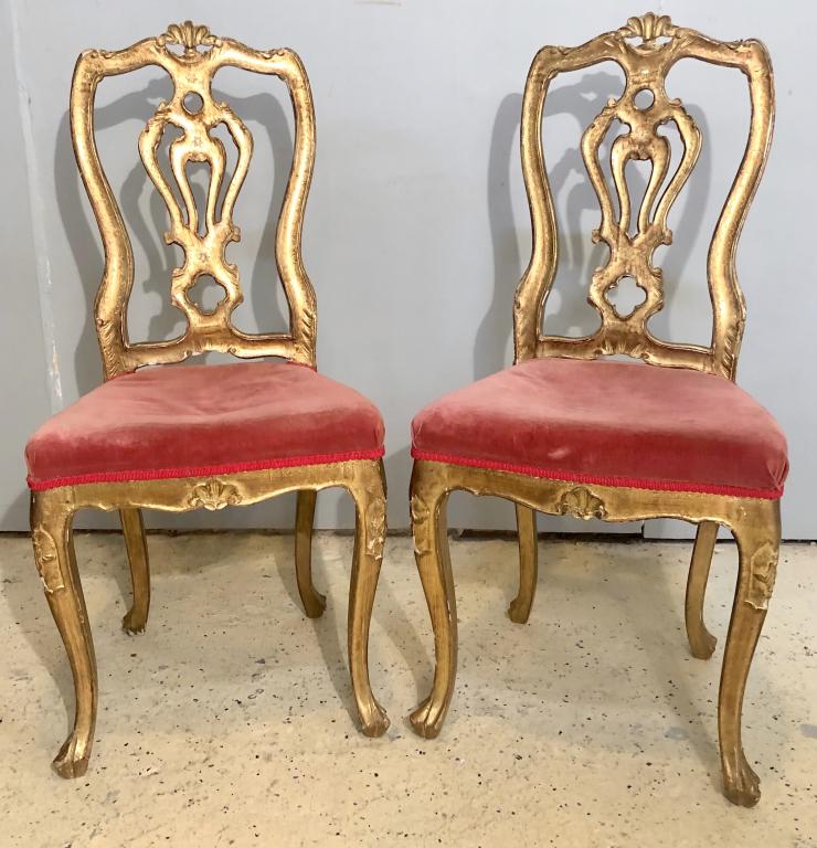 Pair Italian / Portuguese Gilt Side Chairs: Gilt carved in the Grotto manner, upholstered seats. 18" X 17" X 41"h (From a Watertown CT Estate)