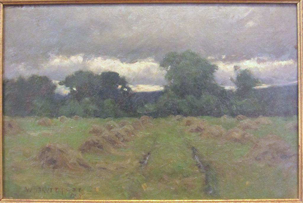 William Merritt Post (1856-1935) - Oil on Board: Landscape of farm, trees and clouds. Signed lower left, and noted NY. Not taken out of frame. 7.5" X 11.5" (11.5" X 15.5") (A Tarrytown NY Estate)