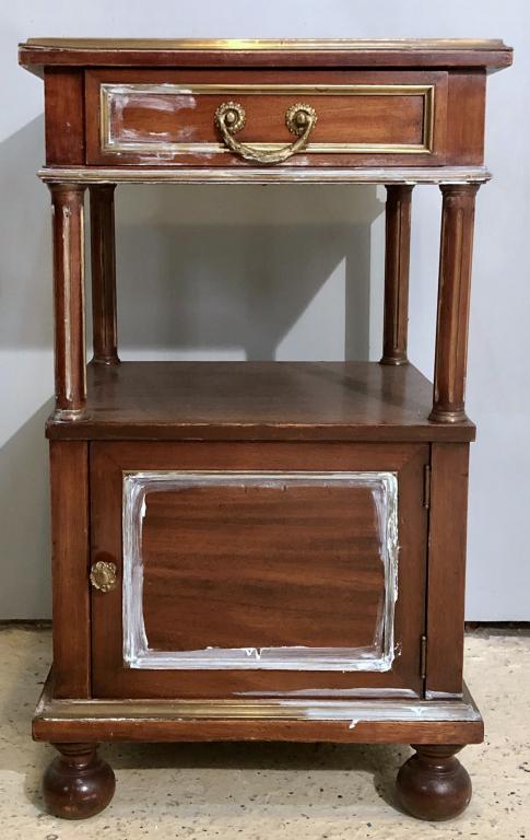 Louis Phillipe Style Night Stand: Brass mounted mahogany (polish remaining). One drawer and one door. 17" sq. X 31"h