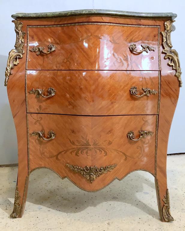 Louis XV Style Marble Top Commode: Inlaid and gilt metal mounted. 3 Drawers. 35" X 17" X 37"h (From a Watertown CT Estate)