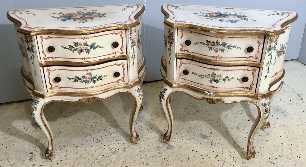 Pair Venetian Painted End Commodes: Painted and decorated with 2 drawers each. One leg off. 24" X 13" X 26"h (From a Watertown CT Estate)