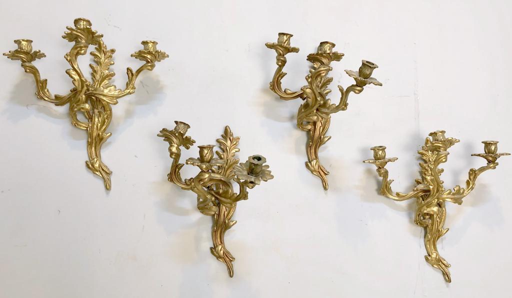 Set of 4 Rococo Style Bronze Sconces ****: Scrolling arms with 3 candle holders each. 15" X 6" X 15" (From a Watertown CT Estate) **** See condition update.