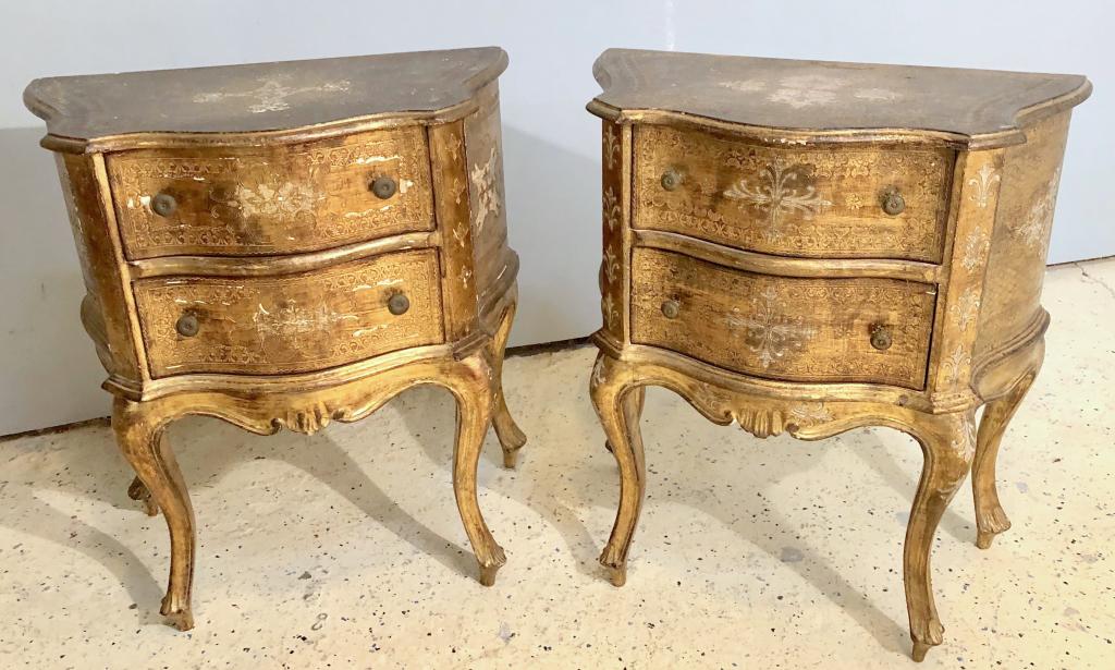 Pair Venetian Style Gilt Commodes: Incised gilt carved designs. wonderfully carved Grotto manner legs. 23" X 13" X 26"h (From a Watertown CT Estate)