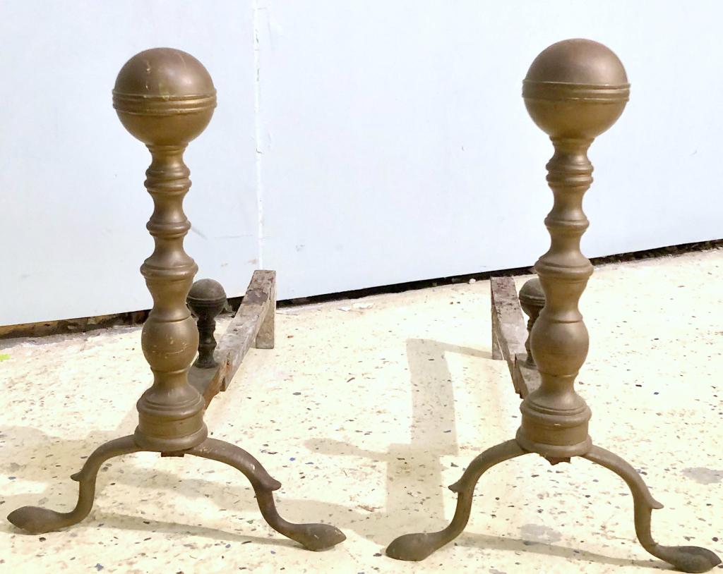 Pair American Brass Andirons: Ball tops on sloping legs, small ball log holders. 10" X 20" X 14"h