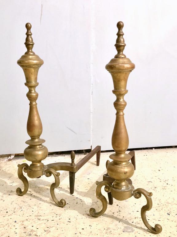 Pair American Federal Style Andirons: Brass turned post and finials on "S" legs. 8" X 16" X 22"h