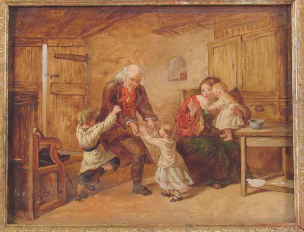Unsigned Oil on Board - German School: Interior scene of 3 generation family. Paint chipping. Board on cradle back. 9" X 12" (15" X 18")