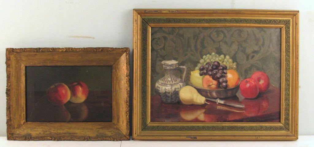 Unsigned and Signed - 2 Oils on Canvas: Fruit table still lives. One with note on back of B. Chapin, One signed Stephen Trach. (17.5" X 23") (A Tarrytown NY Estate)