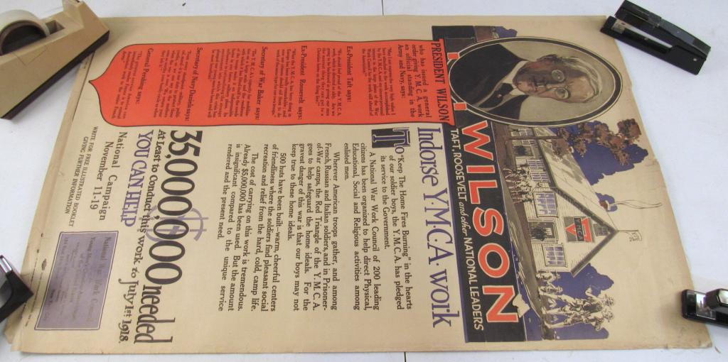 2 WWI YMCA War Campaign Posters: "Wilson" and "War Zone". As is, linen backed. 38" X 23" (A Tarrytown NY Estate)