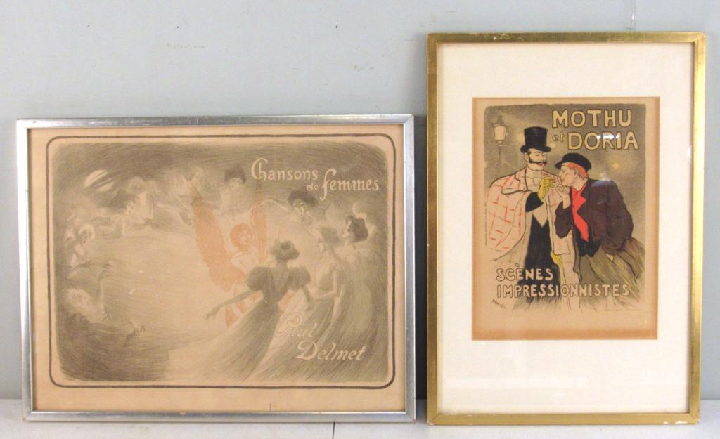 2 Vintage French Poster Cards: Chansons de Femmes (Paul Delmet) AND Mothu Doria (Steinlen), Paper browning. Larger frame 15" X 20" (A Tarrytown NY Estate)