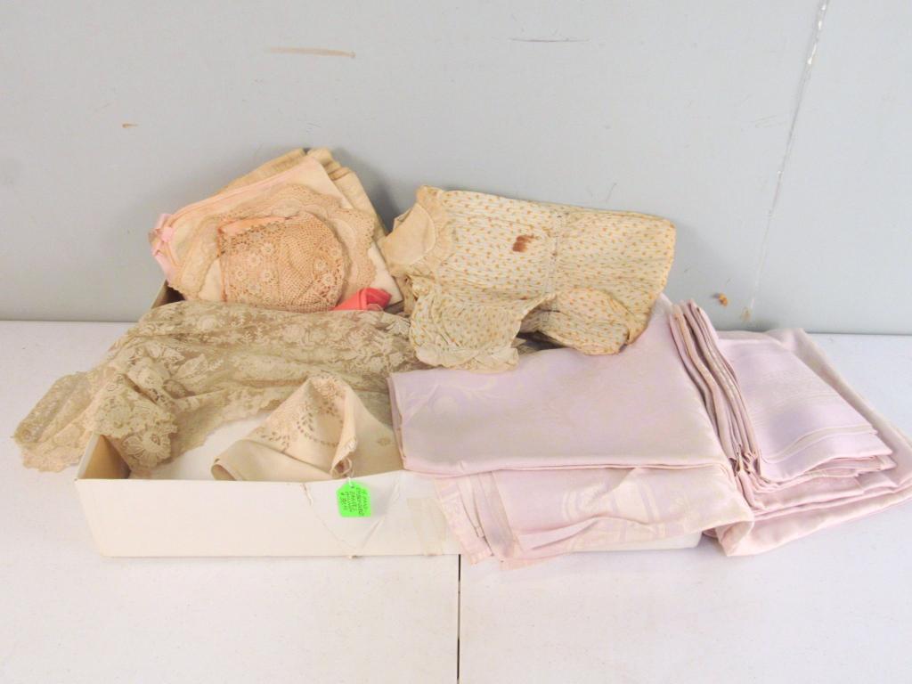 Assorted Lace and Linens: Lavender table set, lace, and child/doll clothing. Photos added of lace item, 18" X 38", good condition.