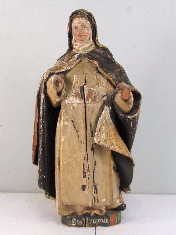 Large Antique Italian Carved Santos Figure: Robed saint (nun), with detail painted face, base having name or title. Losses. 13" X 10" X 27"h (A Tarrytown NY Estate)