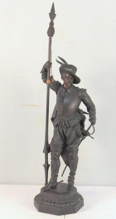Patinated Metal Cavalier: With spear, on self base. Fine detail. 8"dia X 31" (A Tarrytown NY Estate)