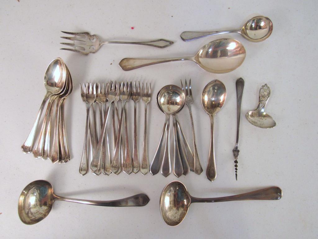 Assorted Sterling Silver Articles: Spoons and forks, One English silver marks. 24 oz troy.