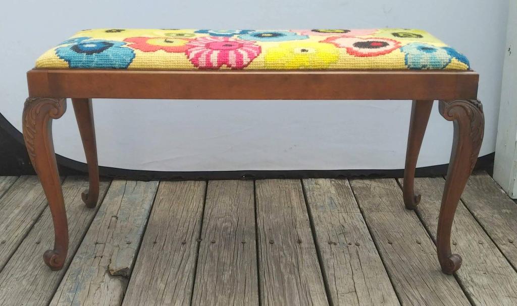 Chippendale Style Bench: Mahogany, needlepoint seat. 38" X 17" X 19" (From an 870 UN Plaza Estate)