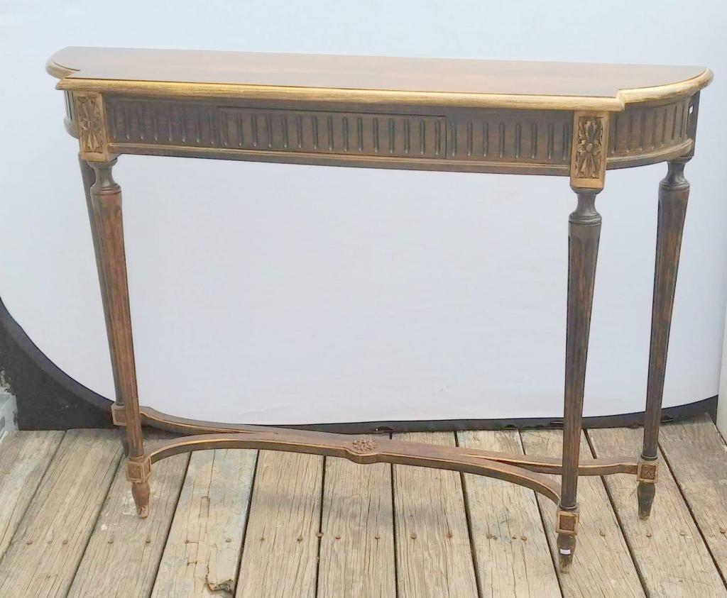 Louis XVI Style Console: 1 drawer with fluted skirt and legs, with stretcher. 47" X 12" X 35"h (From a Rowayton CT Estate)