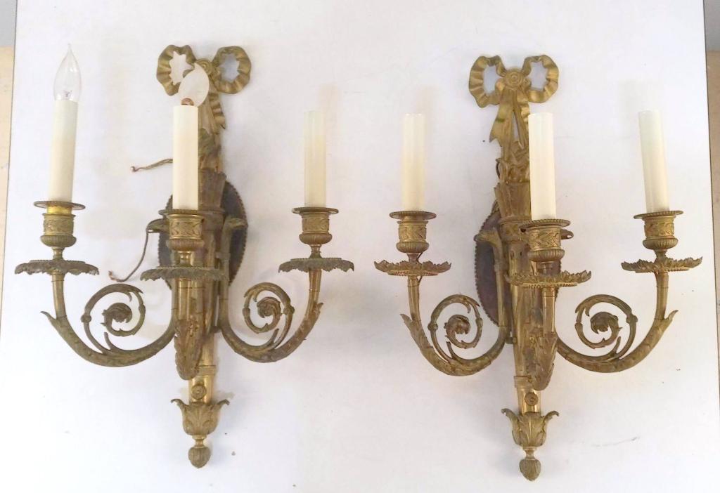 Pair French Bronze 3 Arm Sconces (1 of 5)
