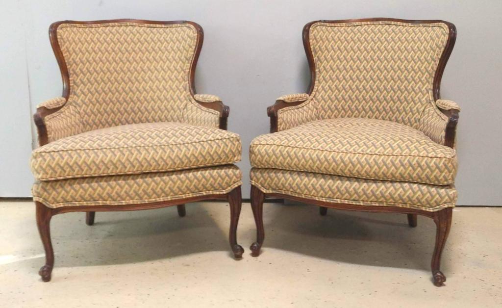 Pair Louis XV Style Bergeres: Nicely carved and upholstered with pad seats. 29"w X 31"d X 35"h