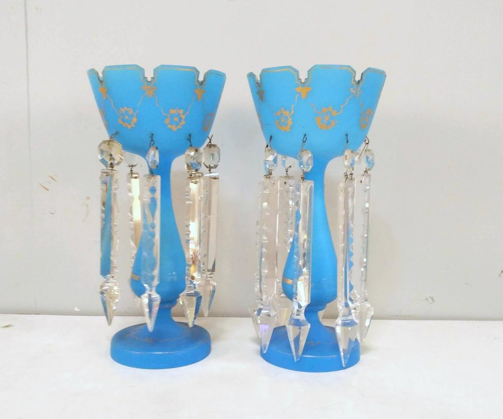 Pair Blue Opaline and Crystal Lusters (1 of 7)