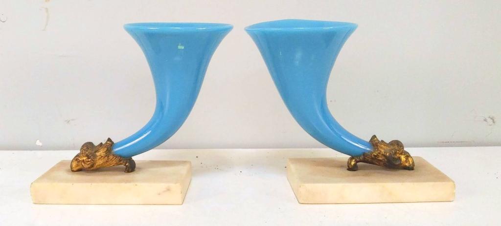 Pair Blue Opaline Cornucopia Vases (1 of 5)