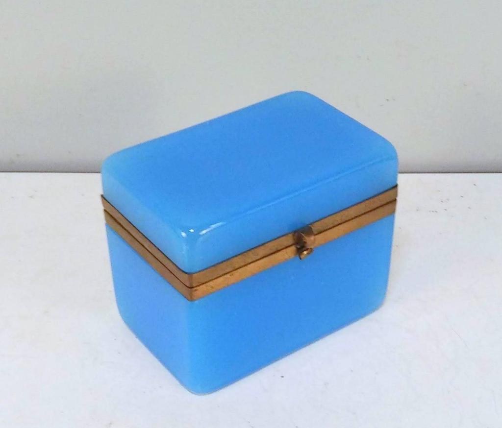 Blue Opaline Vanity Box: Brass trim. 5.5" X 3.5" X 4.5"h (From a 1025 Fifth Avenue Estate)