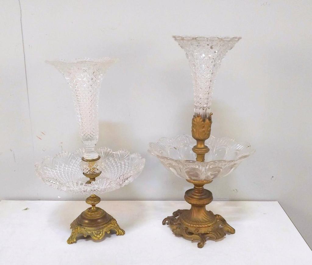 2 Gilt Metal and Pressed and Cut Glass Epergne: Each in 2 tiers, each in good condition. Approx 10" X 18" (From a 1025 Fifth Avenue Estate)