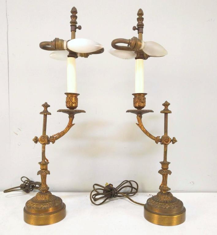 Pair Vintage French Piano Lamps: Single adjustable arm each. 8"w X 20"h (From a 1025 Fifth Avenue Estate)