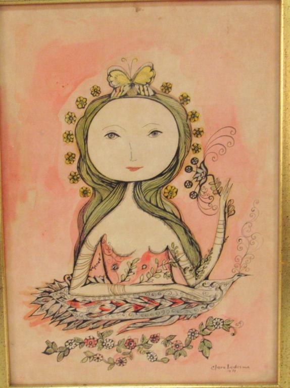 Clara Ledesma Terrazas (Dominican, 1924-1999): Water Color. Woman with flowers. Signed lower right, dated 1971. 11.5" x 8" (13" x 9.5" ) (From a 870 UN Plaza Estate)