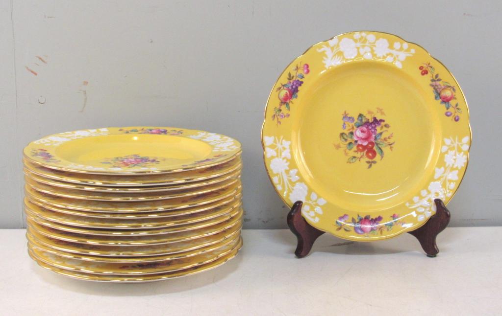 Set of 14 Spode Copeland's Place Plates: Raised flowers and painted flowers on yellow ground. 9" dia (From a 870 UN Plaza Estate)