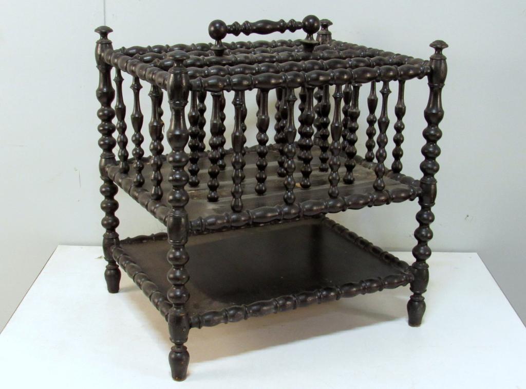 American Bobbin Turned Canterbury: 4 section, Jenny Lind manner, with lower tier. 17" X 14" X 17" (From a 1025 Fifth Avenue Estate)
