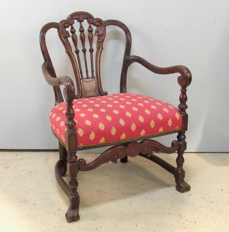 Tudor Style Open Arm Chair: Carved mahogany with outer stretcher. 28" x 29" x 37"