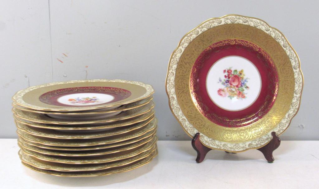 Set of 12 Schlaggenwald Place Plates: Guilt and floral decorated. Made in Czech Slovakia. 11" dia. (From a 870 UN Plaza Estate)