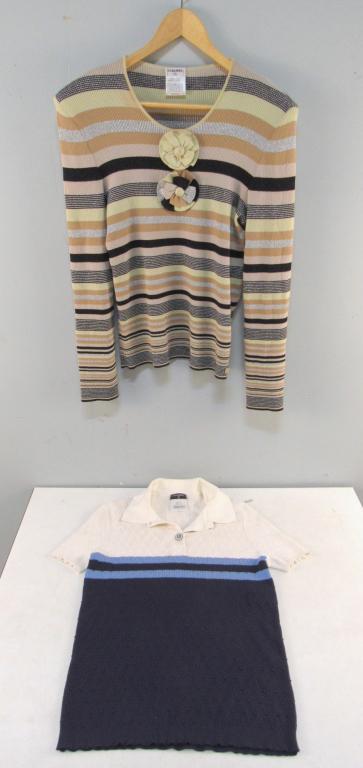 2 Chanel Ladies Sweaters: Both in excellent condition. Long sleeve with flowers denotes 48, has some very small stains. Short sleeve denotes 44. Both measure 15" waist flat and 24" length. (From a 870 UN Plaza Estate)